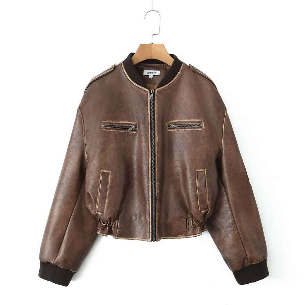 Autumn New Zipper Pilot Stand Collar Motorcycle PU Leather Jacket For Women