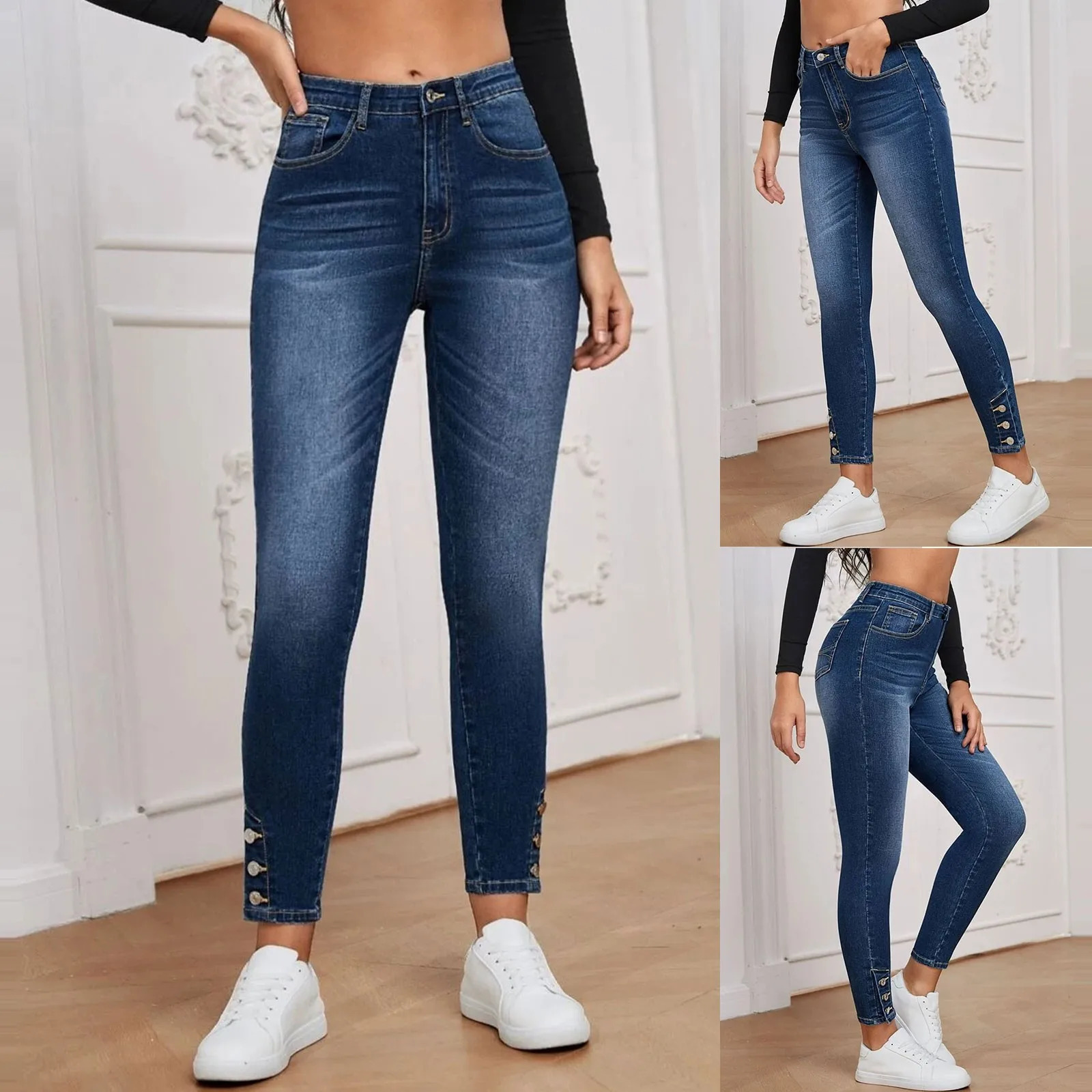 Womens Fashion Trend High Spike Buckle Tight Denim Pants Pantalones De Mujer Pantalona Feminina womens pants 250311