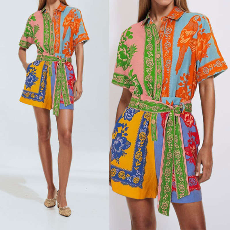 2025 Spring Women's Flip Collar Printed Color Blocked Short Sleeve Fashion Casual Jumpsuit KLMY