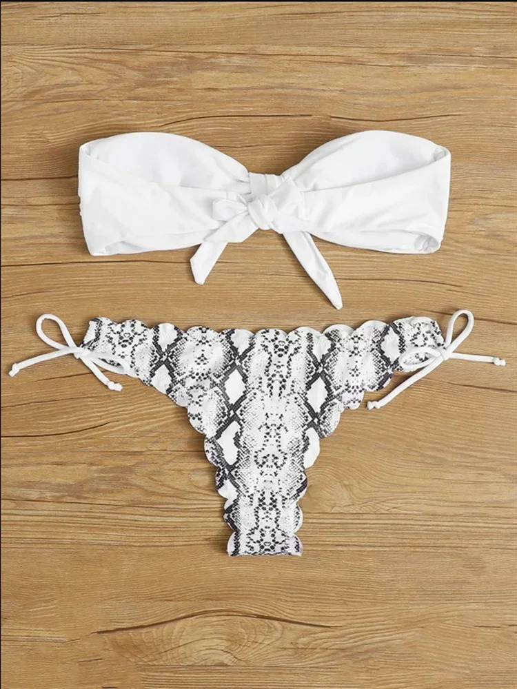 Beach Bikini Woman Sexy Front Lace Up Tie Bandeau Leopard Swimsuit Female Push Ruffled Bow Bathing Suit Thong Swimwear 250310