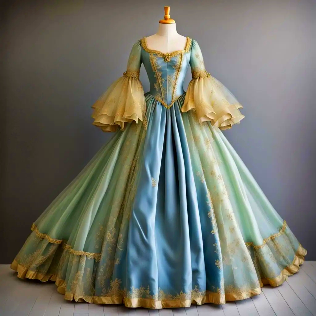 Vintage Victorian Prom Dresses Long Flare Sleeves Floor Length Colorful Special Occasion Gown Women Historical Costume Gold Lace Appliques Sky Blue Ve