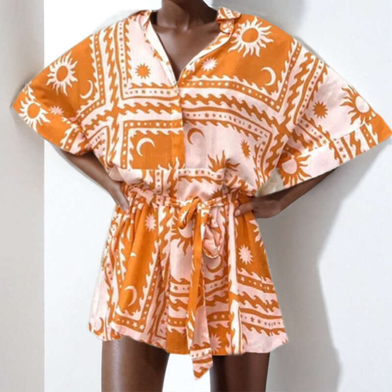 2025 Spring New Printed Collar Half Open Holiday Style Women's Short Jumpsuit KLMY