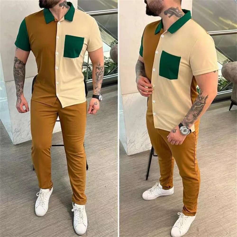 Summer Men Suit Fashion Color-Blocked Sportswear Short-Sleeved Shirt Trousers Two-Piece Mensuit S-Xxxl