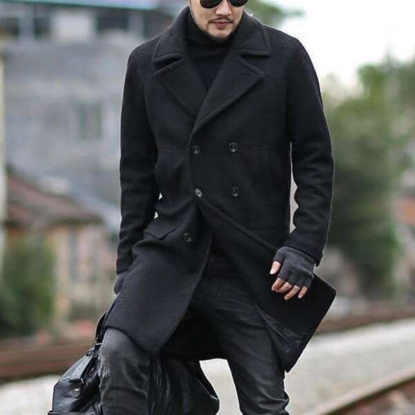 New Double Breasted Mid Length Men's Lapel Woolen Trench Coat