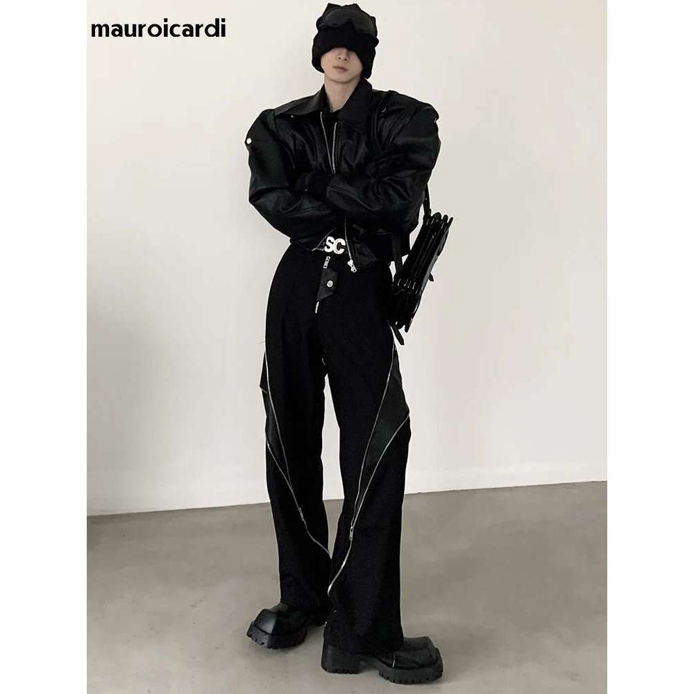 Men's Leather Jacket Mauroicardi Spring Autumn Cool Handsome Short Oversized Black Pu Leather Jacket Men With Shoulder Pads Long Sleeve Zipper