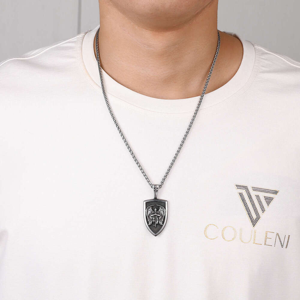Fashionable stainless men's angel shield necklace, titanium steel pendant, double-sided letter hanging tag