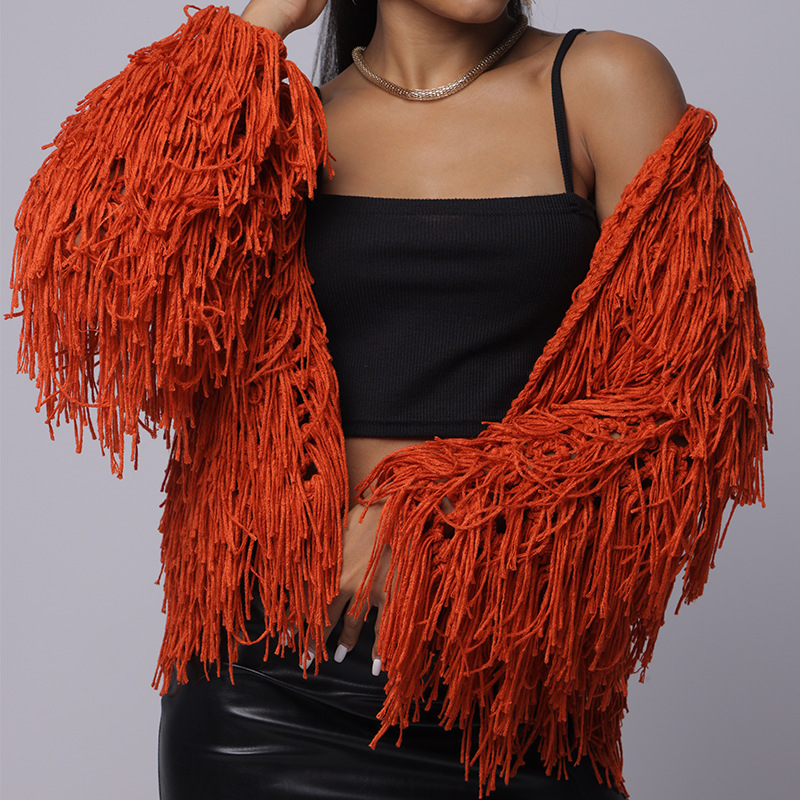 Women's New Spring Outfit, Hand Hooked Loose Tassel Hollow Out Solid Color Knitted Cardigan Sweater Short Jacket