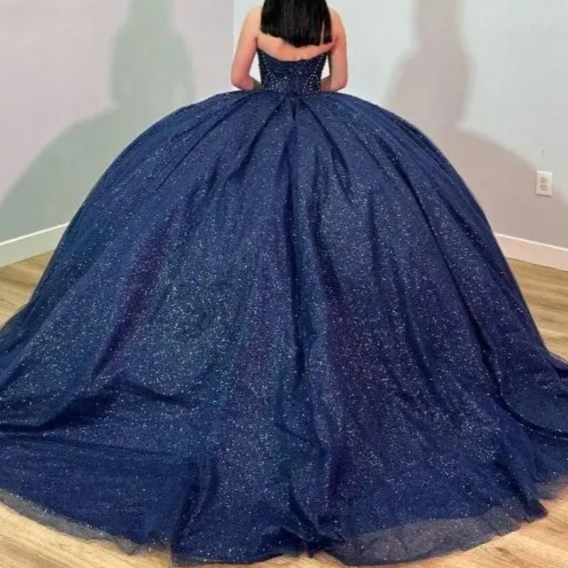 Navy Blue Shiny Quinceanera Dresses Vestidos De 15 Anos Sweetheart Luxury Beading Crystal Tull Party Birthday Princess Sweet 16 Dress