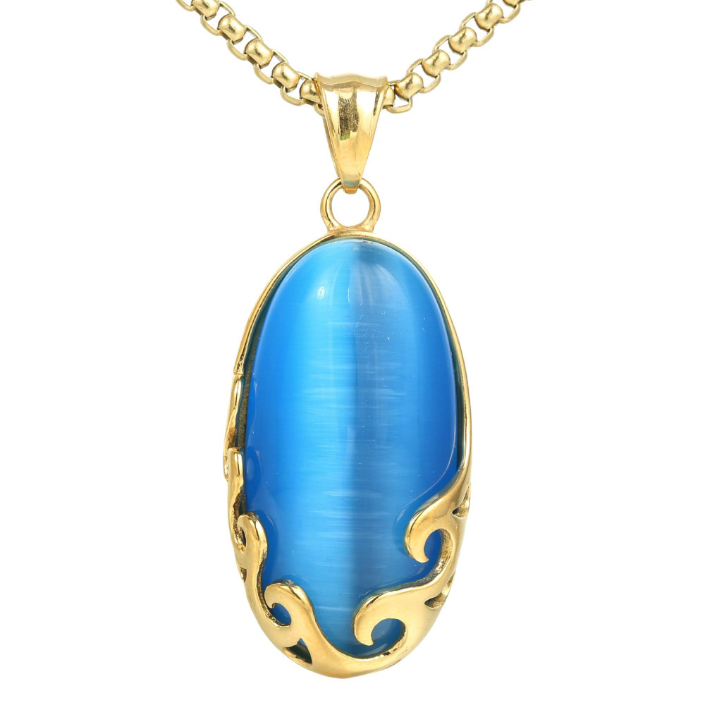 Fashion Stainless Steel Cat Eye Stone Egg Shaped Pendant Necklace Sweater Chain