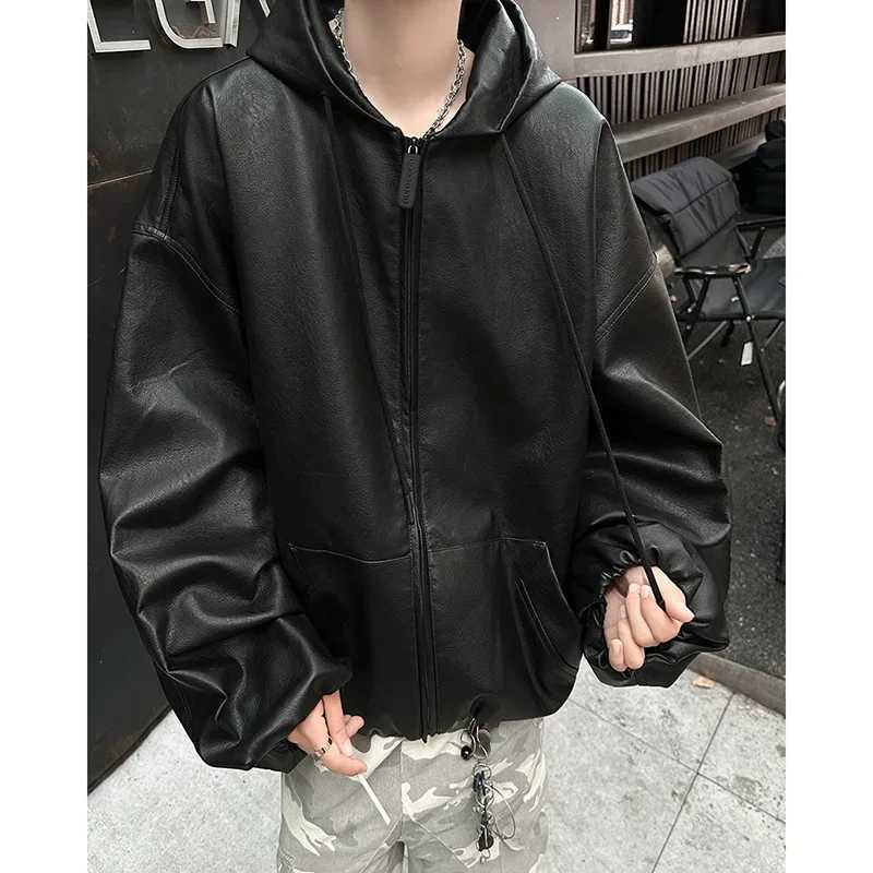 High-End Feel American Style Hooded Leather Jacket For Men Casual Loose Fit Street Motorcycle Fashion PU Leather JacketT250311