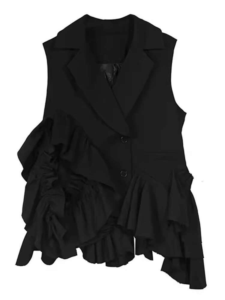 LANMREM Irregular Vest For Women Notched Collar Asymmetry Ruffles Spliced Black Coat Fashion 2025 Summer Autumn New 2Da5800
