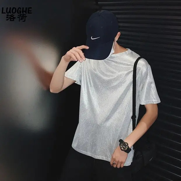Shiny short sleeved T-shirt fashionable summer mens stage costume DJ top 250310