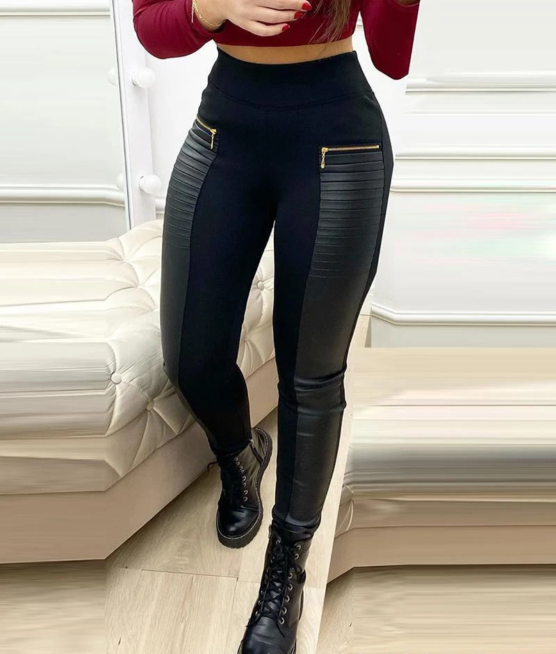 Skinny Pants Women Streetwear Contrast Zipper Detail Fashion Elegant Leather Casual Bottom Trousers for Female Spring 2024 250305