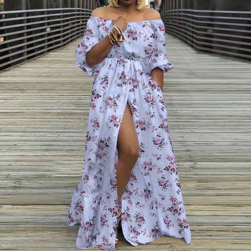 Women's Temperament One Shoulder Printed Slit Waist Wide Swing Dress 661 KLMY