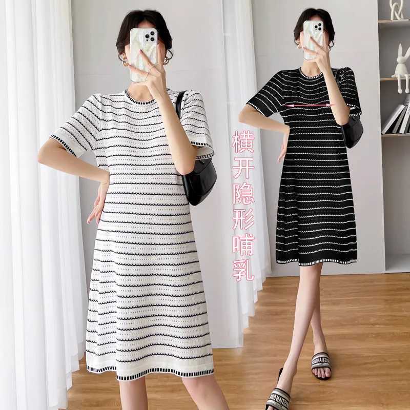 Maternity Summer Loose Fashion Striped Pleated Short Sleeve Dress Openwork Knit For Nursing Pregnant Maternity Clothes DressT250311