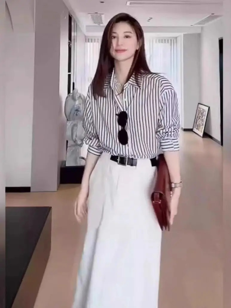 Black Striped Blouse For Women Srpng Temperament Casual Longsleeved Shirt Office Lady Wear Elegant Ladies Clothes Tops 250310