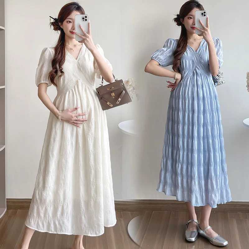 French Style Summer Maternity Pleated Dress High Waist V-neck Short Sleeve Pregnant Woman Elegant Dress Pregnancy Clothes LooseT250311