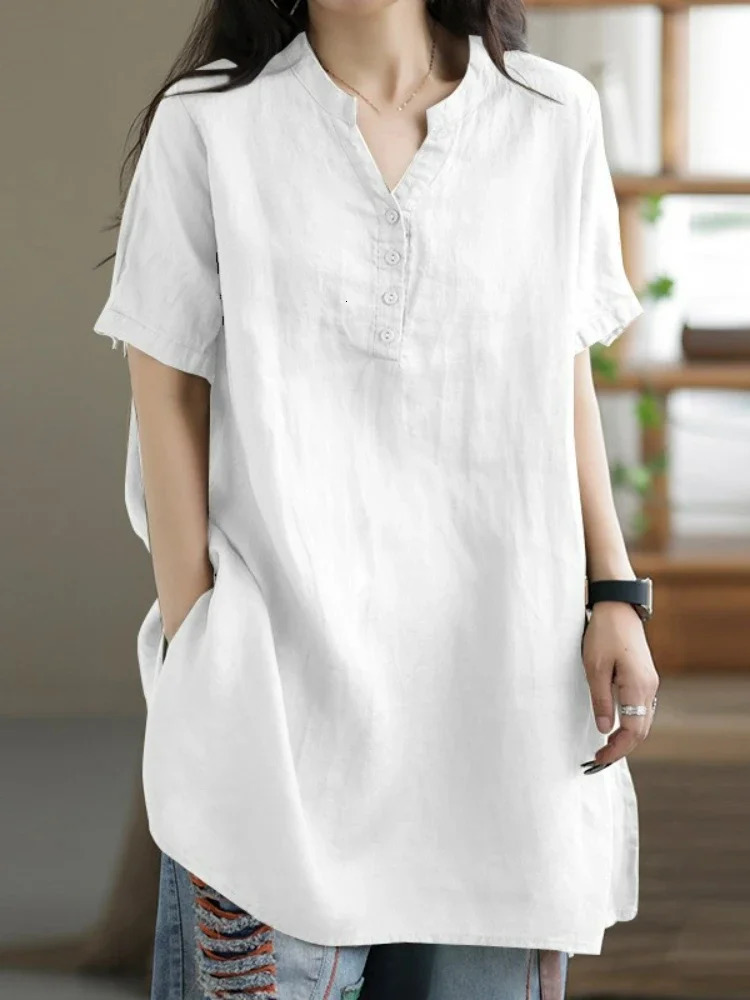 Summer Fashion Cotton and Hemp Womens Shirt Commuting Style Casual Half Open Short Sleeve Top 250311