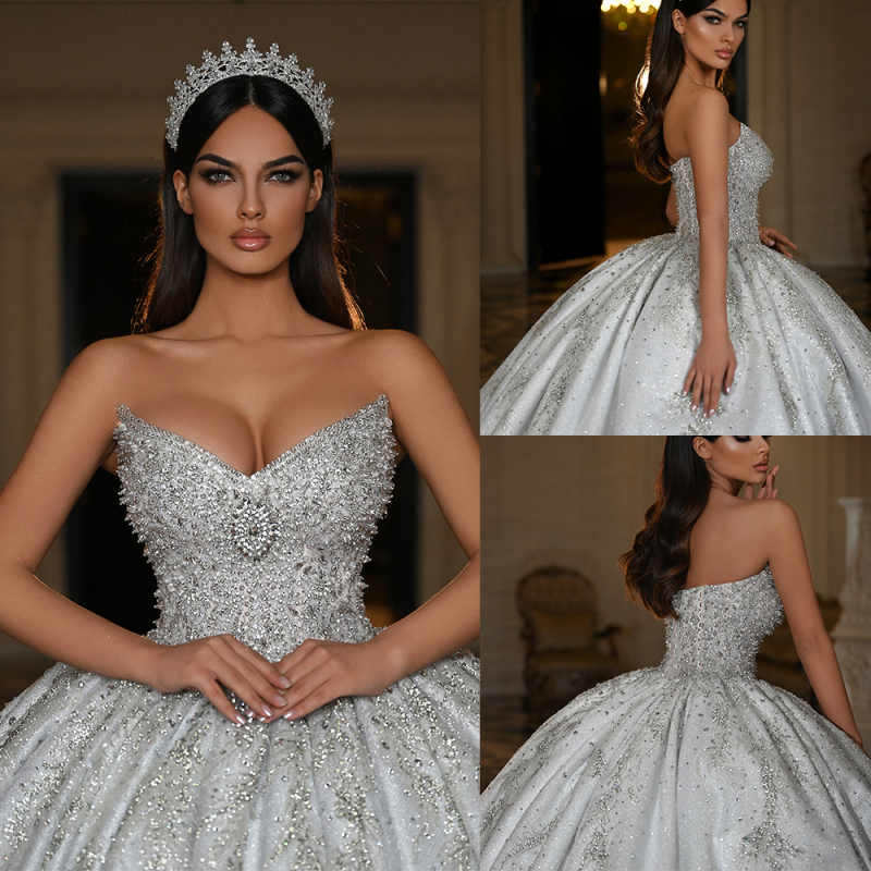 Graceful Crystal Wedding Dresses Ball Gown Strapless Lace Appliques Beads Pearls Sequins Plus Size Court Gown Customized Special Occasion Vestidos De 