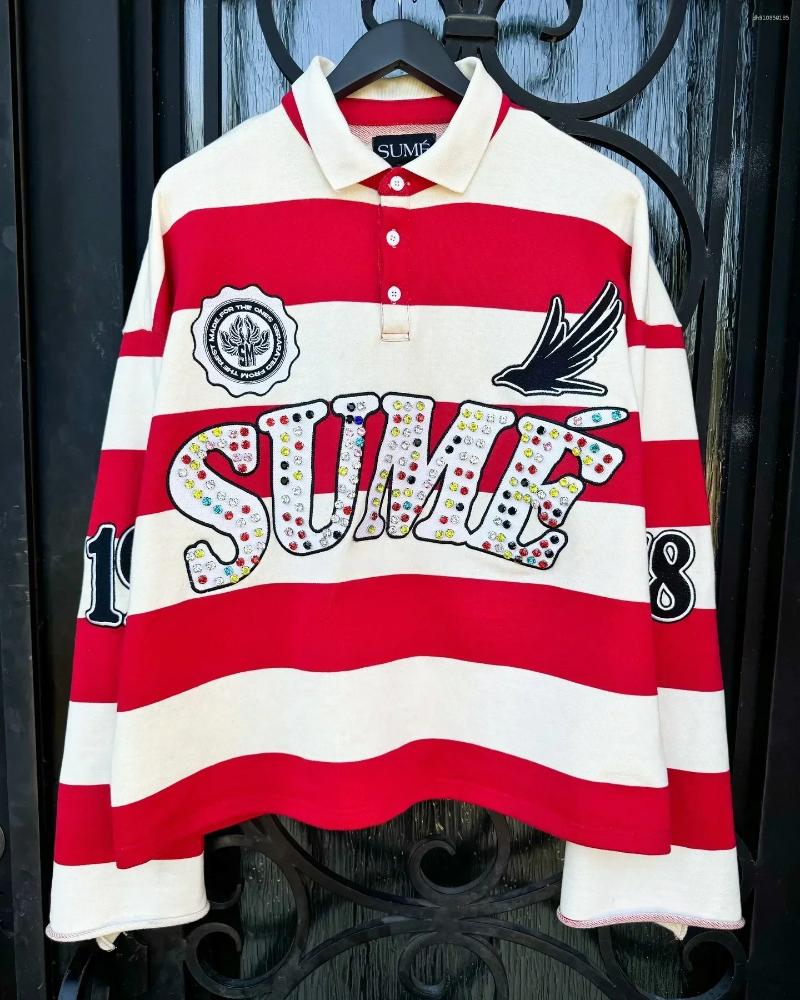 Men's T Shirts Harajuku Top SUME Text Rhinestone Print Long Sleeved Shirt Style Retro Striped Hip-hop Street Collar