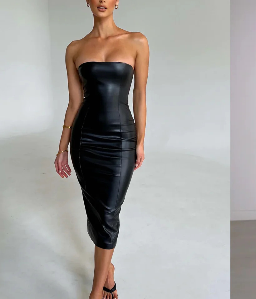 Autumn And Winter Fashion Solid Color PU Leather Sexy Strapless Waist Cinching Package Hip Dress For Women 250311