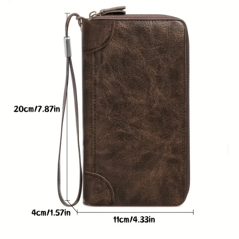 Oil Wax Leather Large Clutch Handbag Zipper Around Wallets Wristlet Card Business Phone Wallet Case for Men 250311