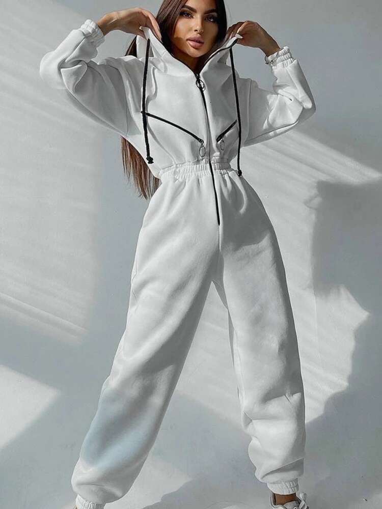 Autumn Women's Monochrome Long-Sleeved Jumpsuit Solid Color Zip-Up Sportswear Female Winter Casual Tracksuit Fashionable Hoodies