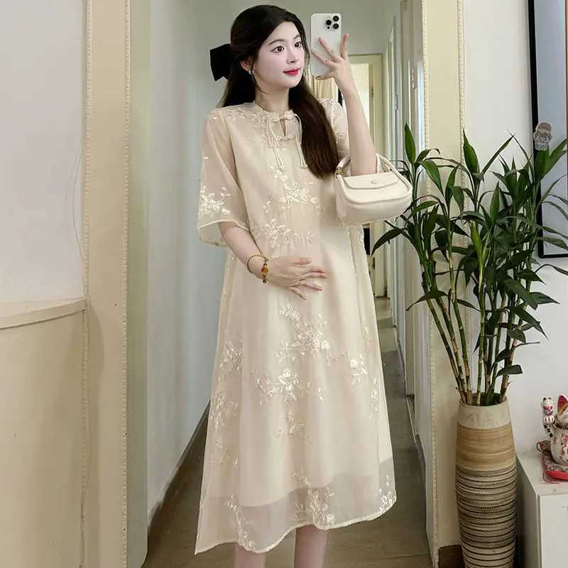 Chinese Embroidered Improved Hanfu Maternity Dress 2024 Summer Fashion Loose Maternity Dress Pregnant womens long dress LF902T250311