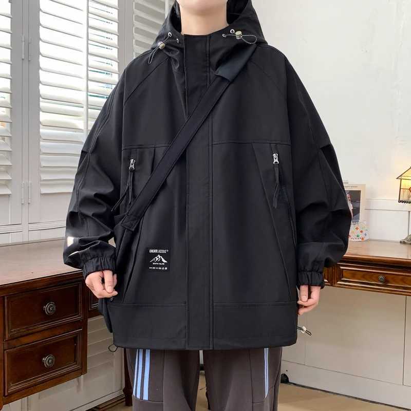 Men Jacket Korean Style Loose Casual Work Jacket Trendy Street Student Jacket Outdoor Waterproof Solid Color Fashion Man JacketT250311