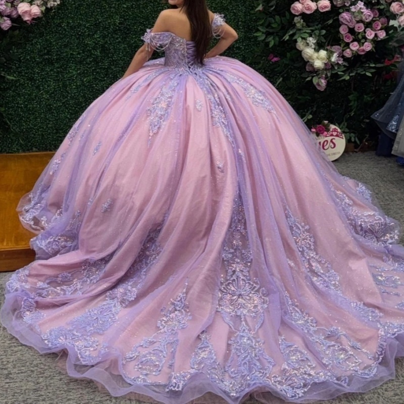 Lilac Shiny Off Shoulder Quinceanera Dresses Applique Lace Beading Tull Corset Party Birthday Sweet 16 Dress Vestidos 15 De Anos