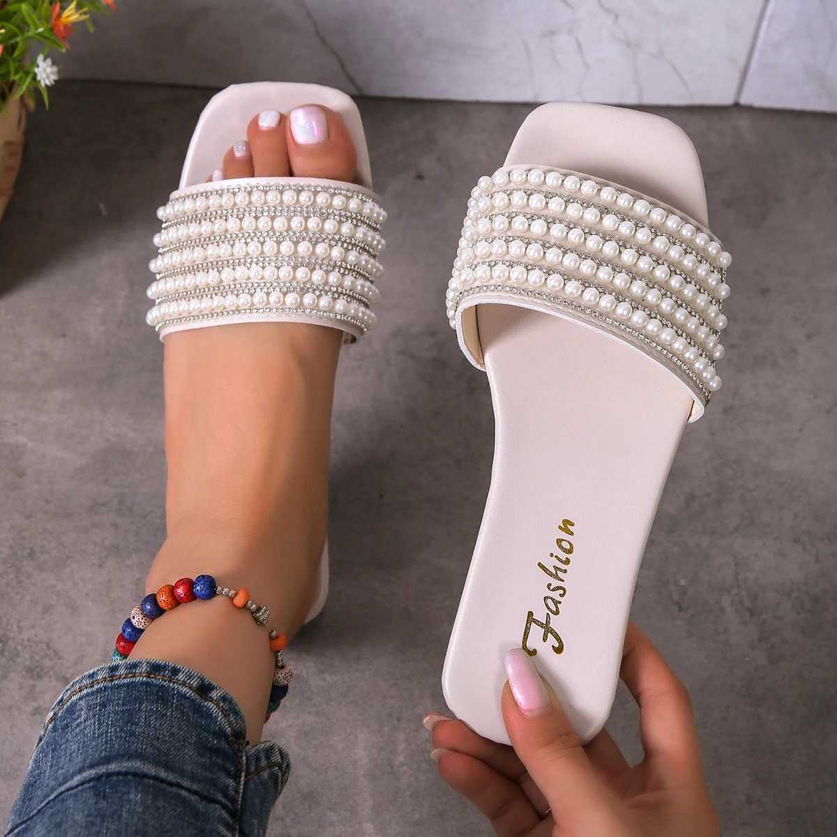 Womens fixed flat sandals with artificial pearls and Rhine decorative slidersXJ250407