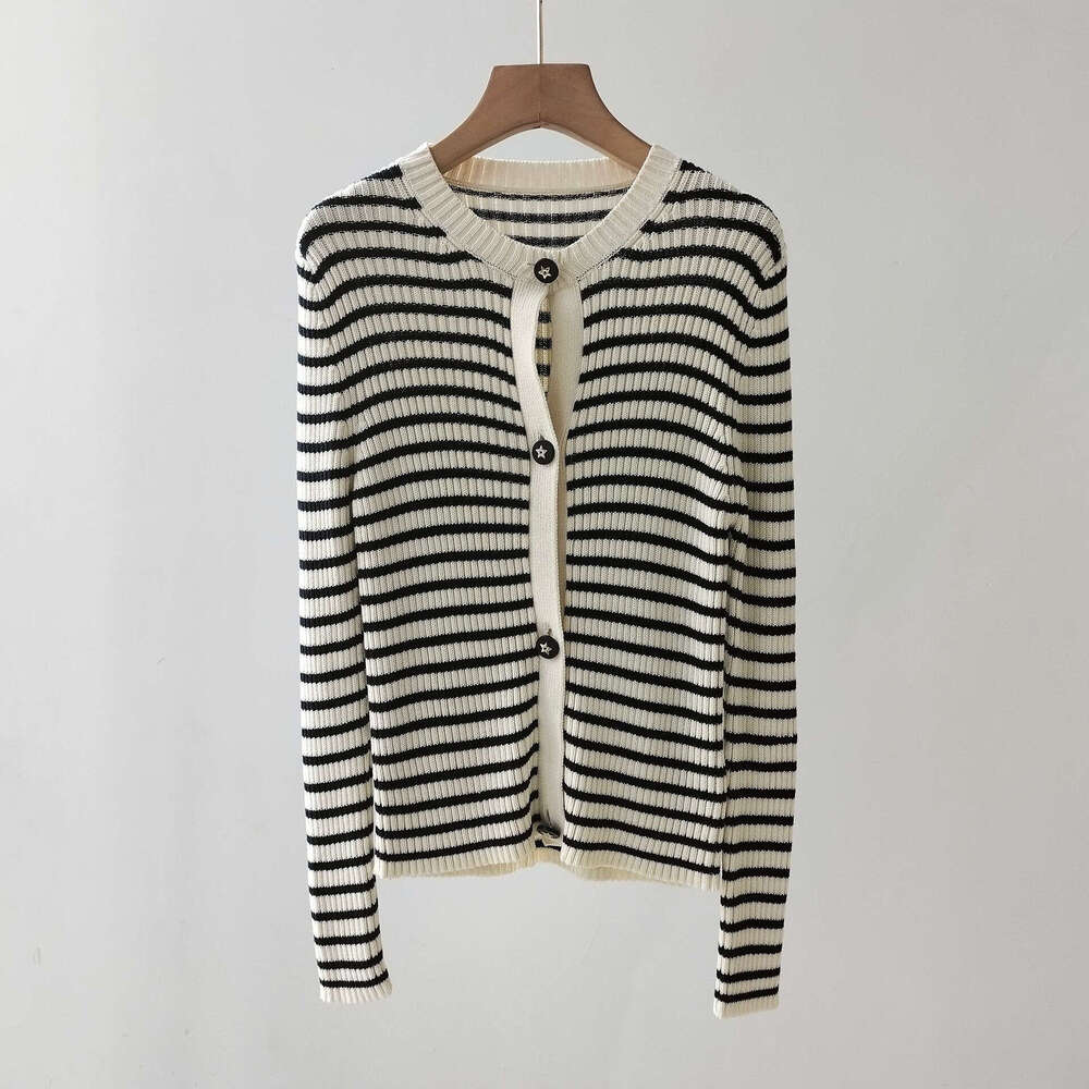 CD Home Summer New High End Wear Pure Cotton Knitted Shirt Women's Letter Button Temperament Slimming Striped Cardigan Coat