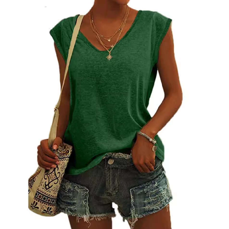 2025 New Womens Solid Color V-neck Cap Sleeves Loose T-shirt Summer Printing Short Sleeve Slim Crop Top Casual Graphic T Shirts Street Activity Crop T