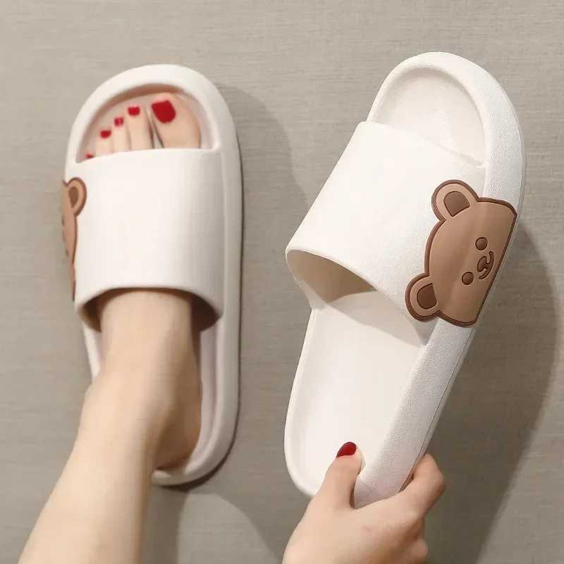 Summer Men Slippers Indoor Women Bathroom Soft Sole Non-slip Slides Home Cartoon Bear Flip Flops Beach Sandals Ladies ShoesT250311