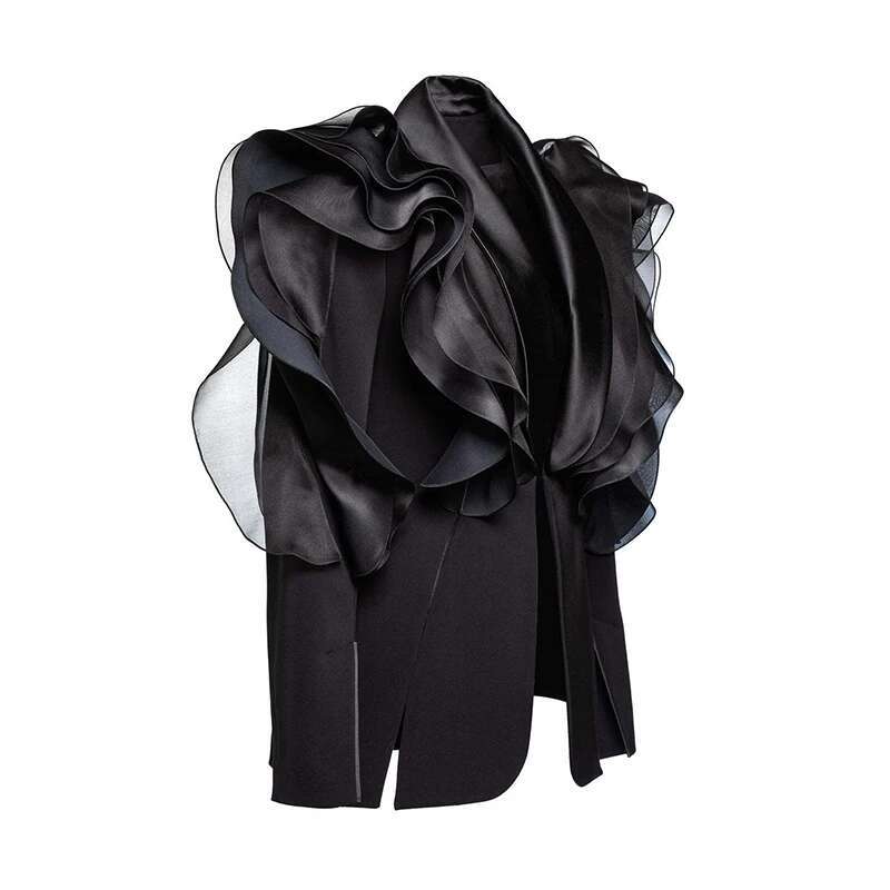 DEAT Fashion Black Three-Dimensional Splicing Ruffle Edge Blazer Women's Asymmetric Slim Fit Suit Jacket Spring 2025 New 7Ab8042
