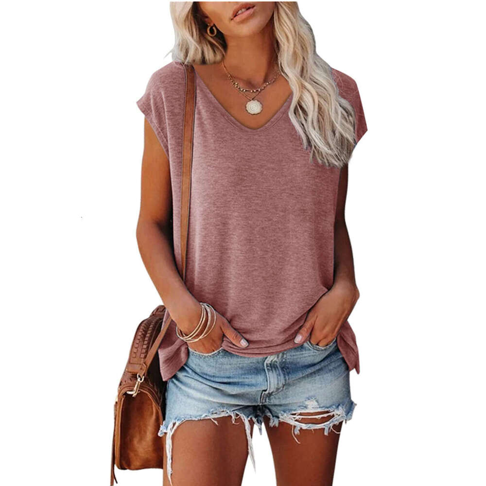 Womens 2025 Summer Solid V-neck Loose Short Sleeved T-shirt for Women Slim Crop Top Casual Womens T Shirt Clothes Graphic T Shirts