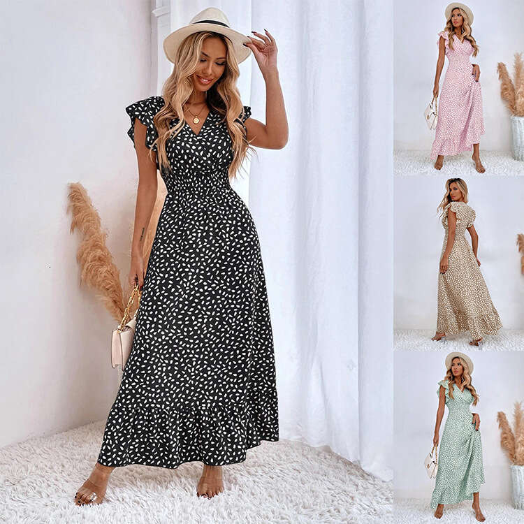 European American women's spring and summer V-neck waist cinched long skirt with ruffle edge dress for women 2025 new style temperament chic eleg