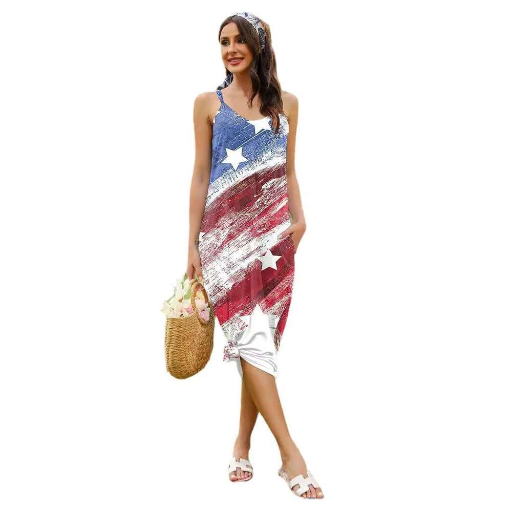 Summer European American Flag Printed with Strap Pocket Fashionable Women's Dress 2025 New Style Unique and Elegant Clothing