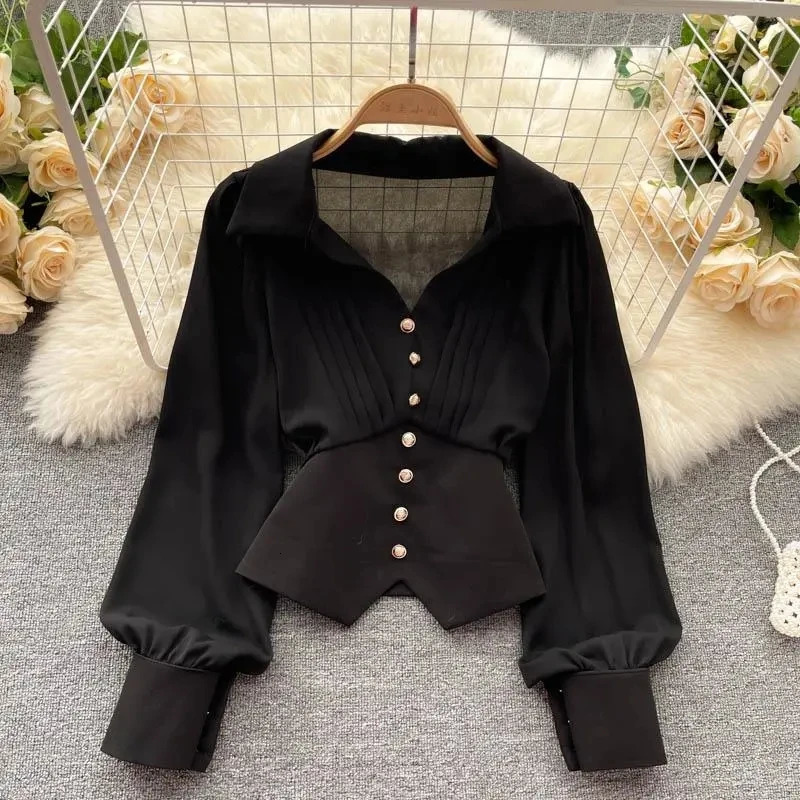 White casual polo neck zipper button fluffy sleeve straight womens shirt clothing top fashion 250310