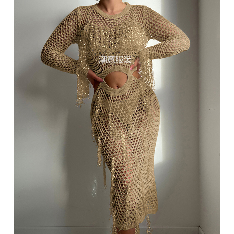 Hollow Knit Sequins, Tassel Round Neck, Exposed Waist Sleeved Vacation Dress, Swimsuit Outer Cover, Sun Protection Clothing, Long Skirt