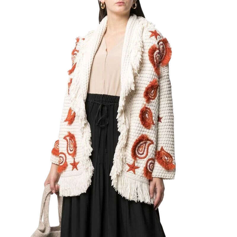 Australian Hand Hook Hollow Tassel Cardigan Niche Contrasting Color Cashew Flower Embroidery Knitted Jacket For Women