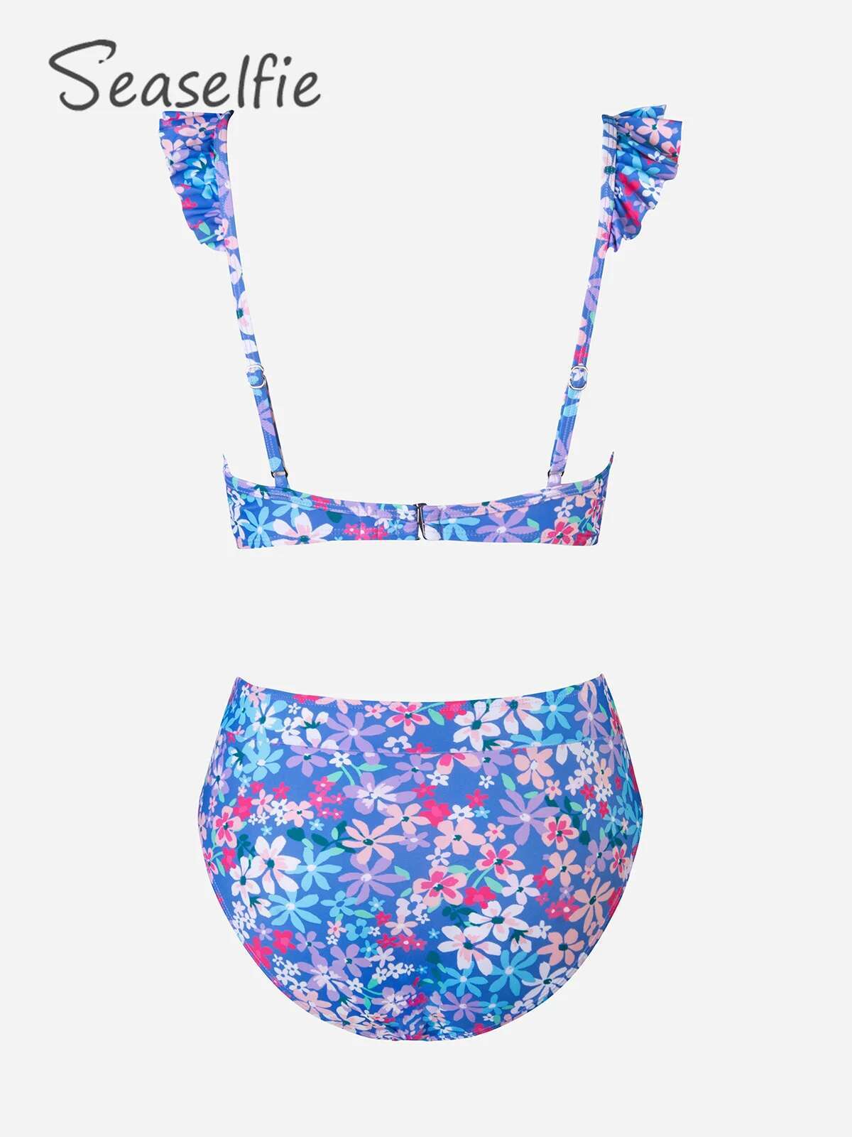 SEASELFIE Blue Ral Ruffled High Waist Bikini Sets Swimsuit For Women Sexy V-Neck Two Pieces Swimwear 2023 Beach Bathing Suit