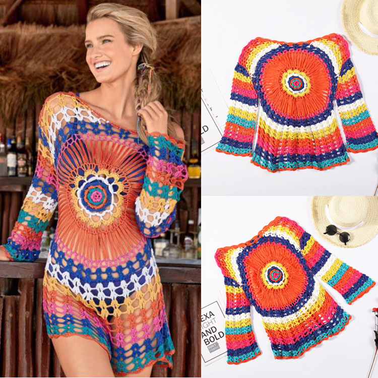 Handmade Crochet Rainbow Beach Knitted Hollow Out Loose Long Sleeved Bikini Swimsuit Cover, Outer Layer
