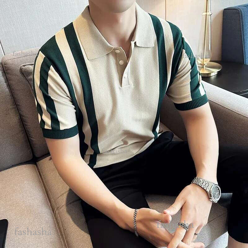British Style Short Sleeved Polo Shirt Mens Summer Striped Slim Knit Shoulder Strap Business Tshirt 24