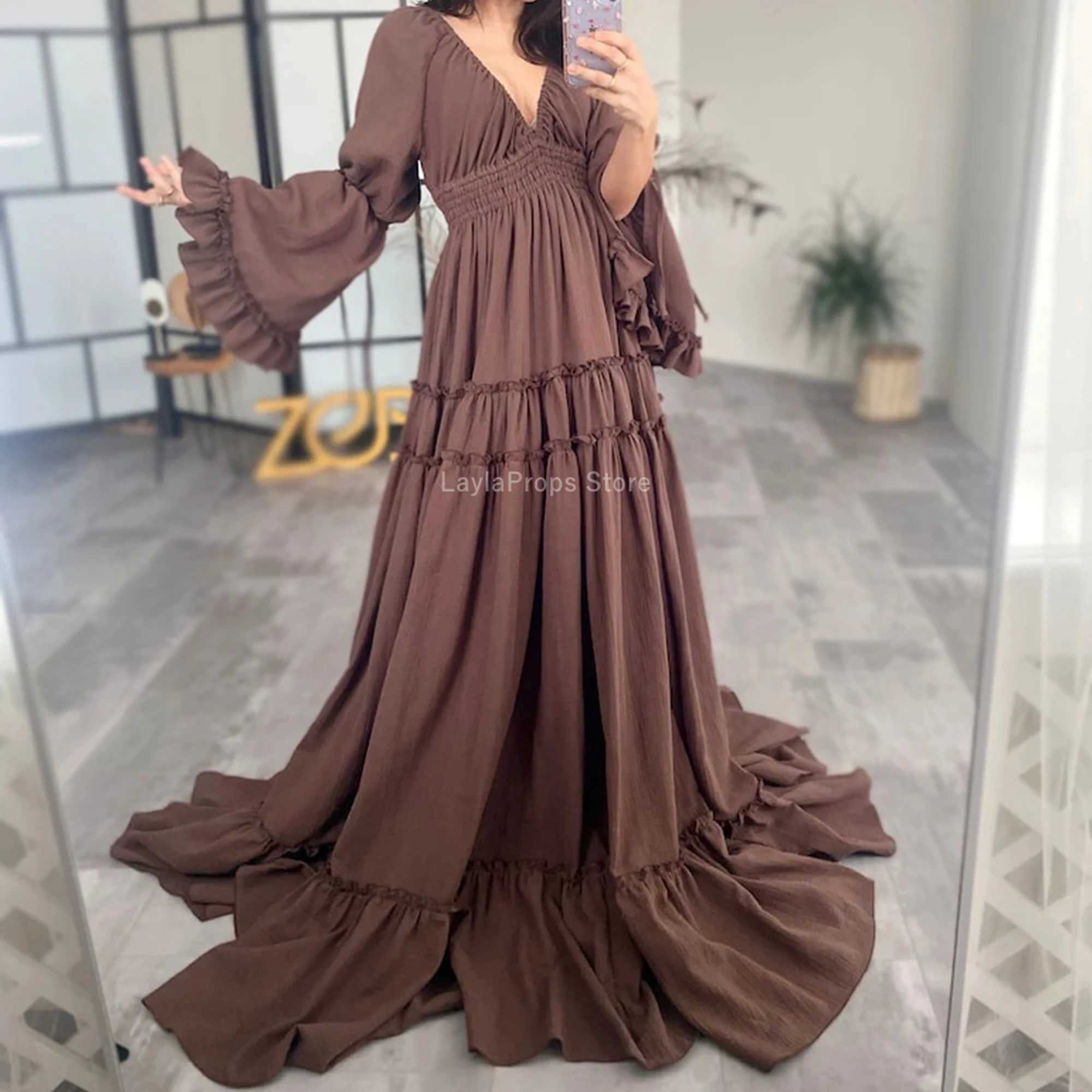 Maternity Dresses For Photoshoot Bohemian Photography Linen Cotton with Deep V-Neck Ruffled Lace Long Sleeves X250224