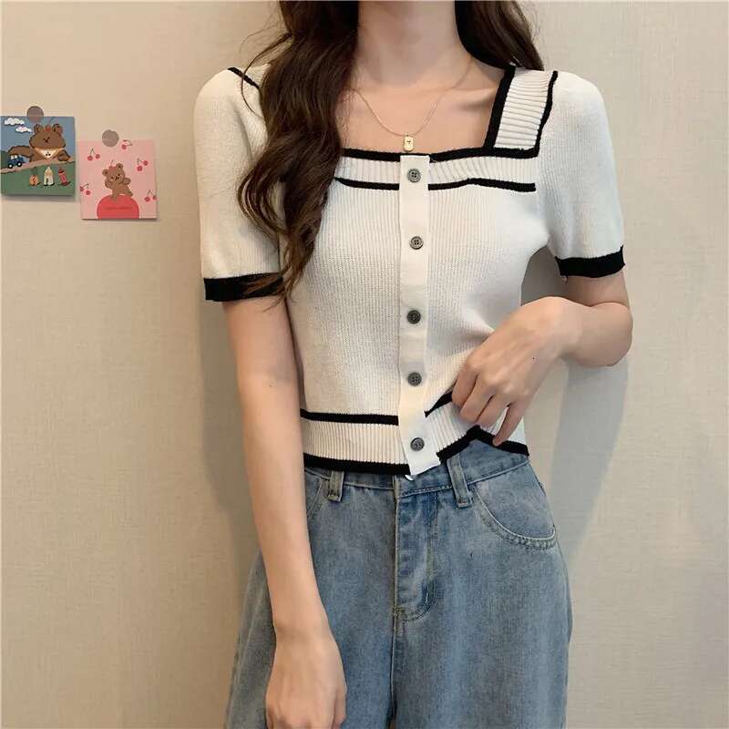 South Korea Spring Summer Style Square Collar Backless Sleeve Slim Fit Contrasting Short Base Knit Sweater Top For Women
