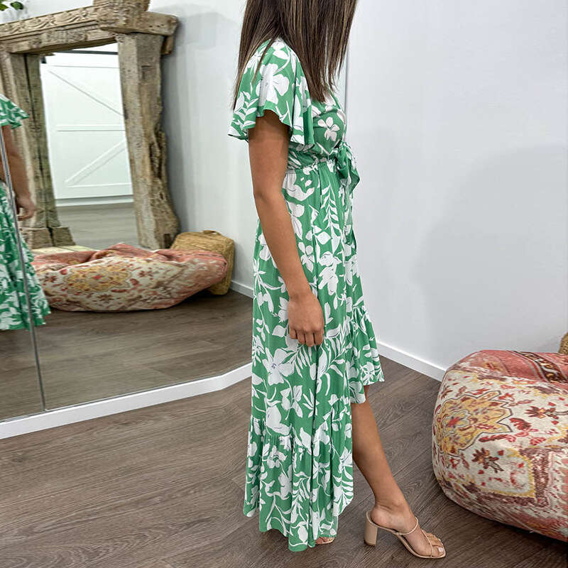 2025 Temperament Women's Fresh And Gentle V-Neck Flying Sleeve Printed Ruffle Edge Dress 661 KLMY