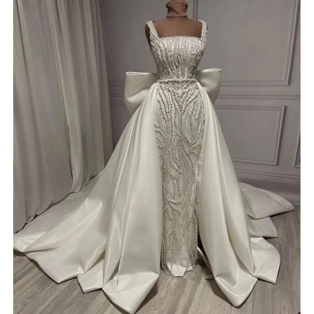Pearl Mermaid Dresses, Elegant Square Neck Wedding Dress, Detachable Train, Bow Sleeves Tie Bridal Dress