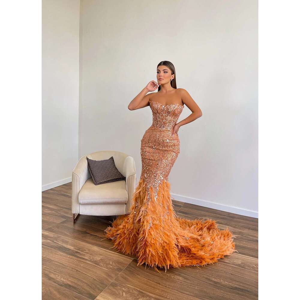 Strapless feather ball dress sparkling sequins lace sleeveless evening gowns beads robe de soiree custom