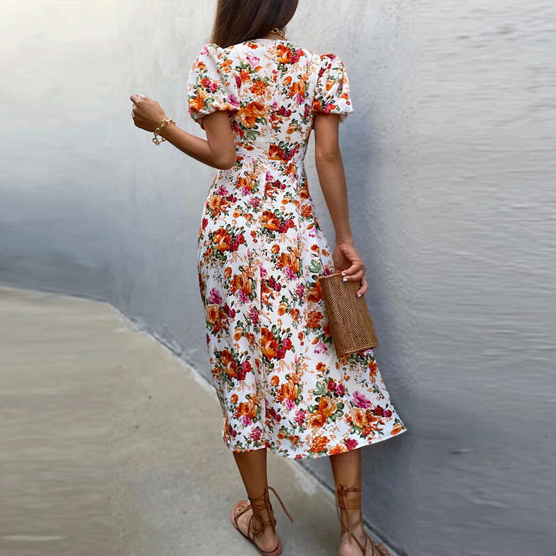 Women's New Style Temperament Printed Sexy Slit Bubble Sleeves High Waisted Winter Dress For Women 661 KLMY